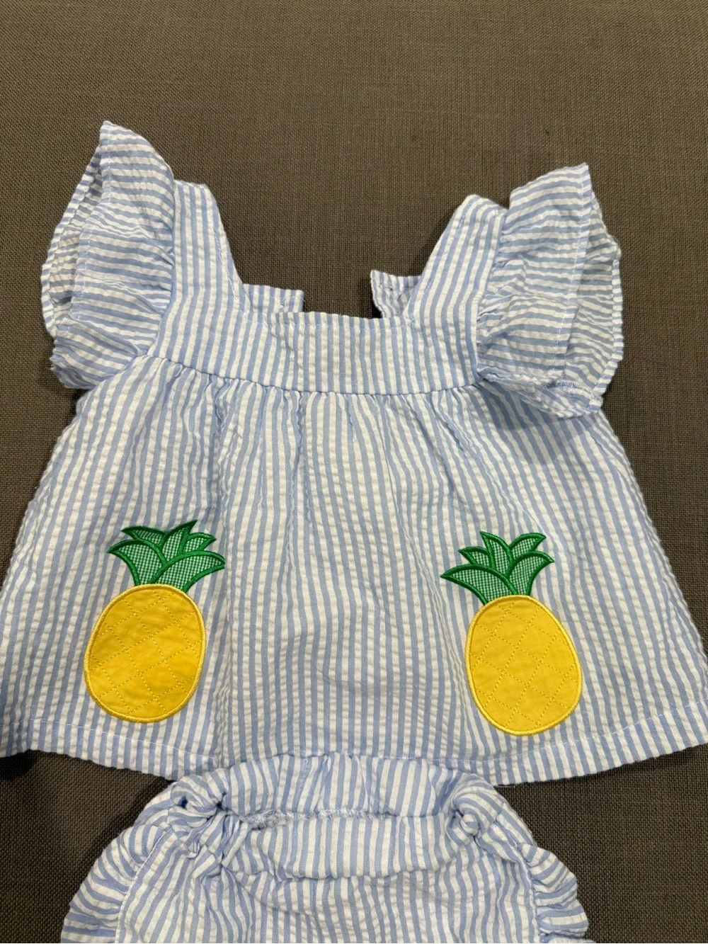 Blue Striped Seersucker Pineapple Top & Bloomers Set